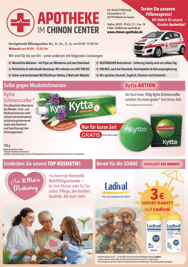 Monatlicher Angebotsflyer der Apotheke im Chinon Center mit Informationen zu Öffnungszeiten, Leistungen, Aktionen und wechselnden Produktangeboten aus Bereichen wie Gesundheit, Pflege und Selbstmedikation.